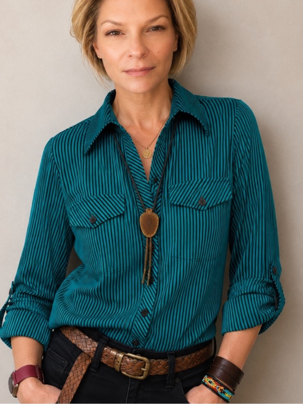 Vintage Notations Y2K Teal Black Stripe Button Down Blouse Size Small